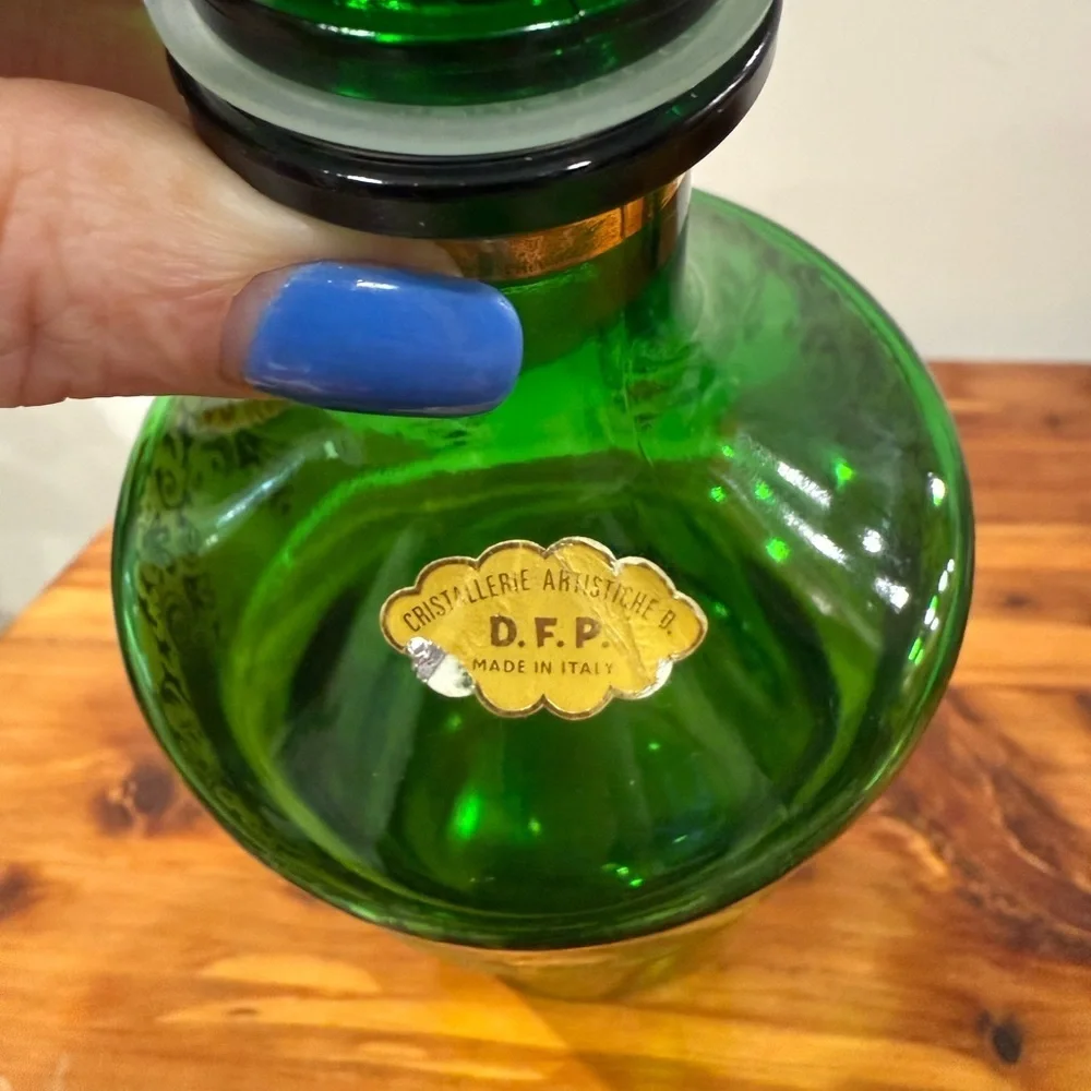 Vtg Cristallerie Artistiche Italy DFP Emerald Green & Gold Decanter w/ 6 Glasses